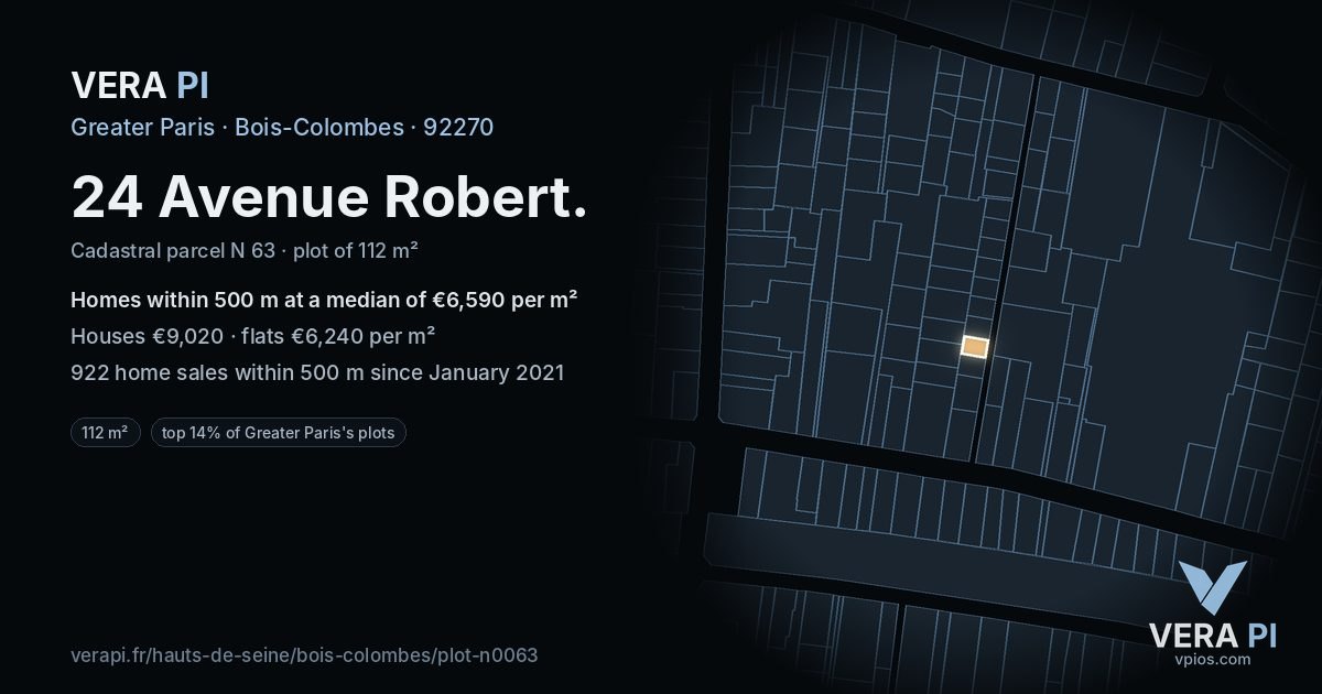 24 Avenue Robert, Bois-Colombes at night – the plot lit, the parcels around coloured by the prices near them