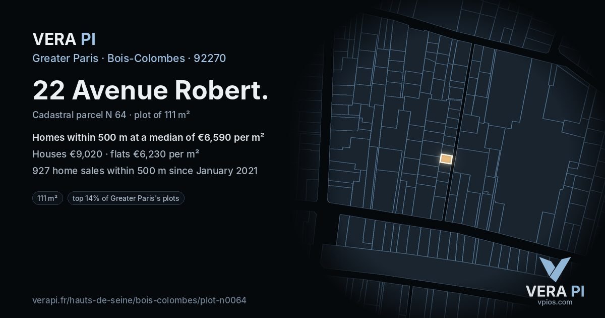 22 Avenue Robert, Bois-Colombes at night – the plot lit, the parcels around coloured by the prices near them