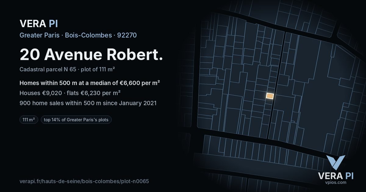 20 Avenue Robert, Bois-Colombes at night – the plot lit, the parcels around coloured by the prices near them