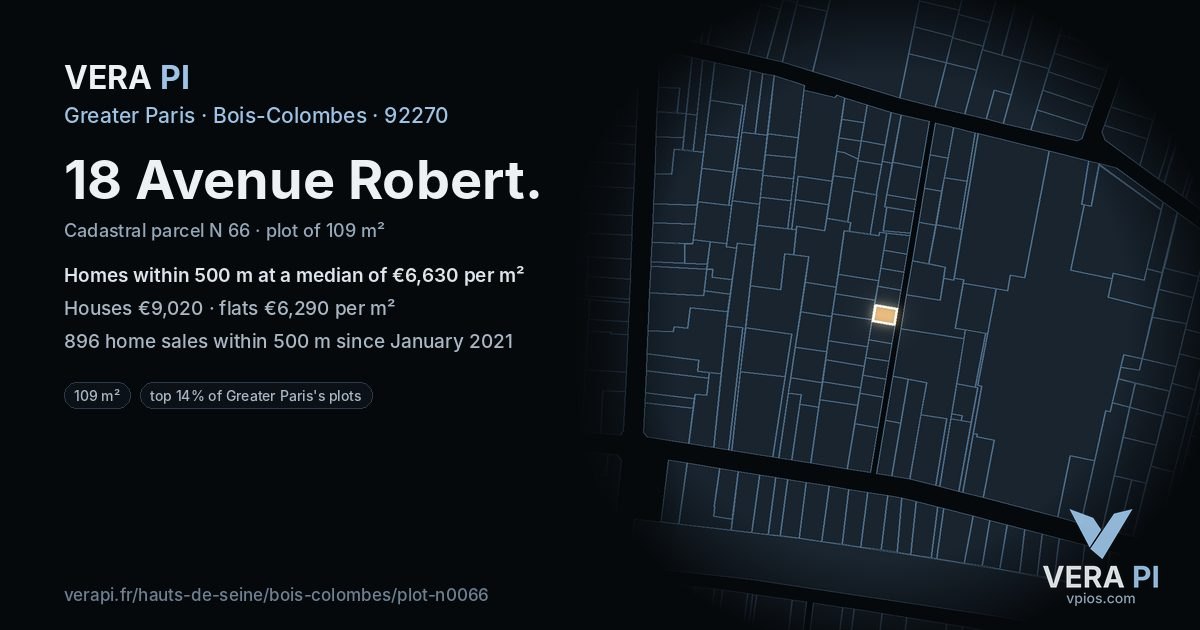 18 Avenue Robert, Bois-Colombes at night – the plot lit, the parcels around coloured by the prices near them
