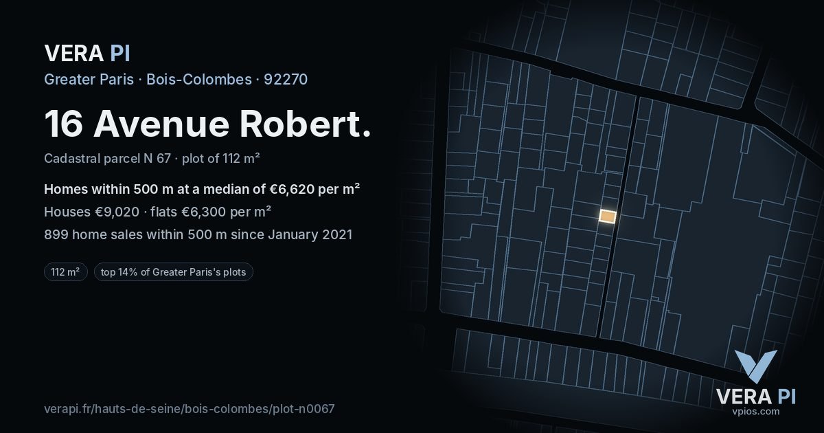 16 Avenue Robert, Bois-Colombes at night – the plot lit, the parcels around coloured by the prices near them