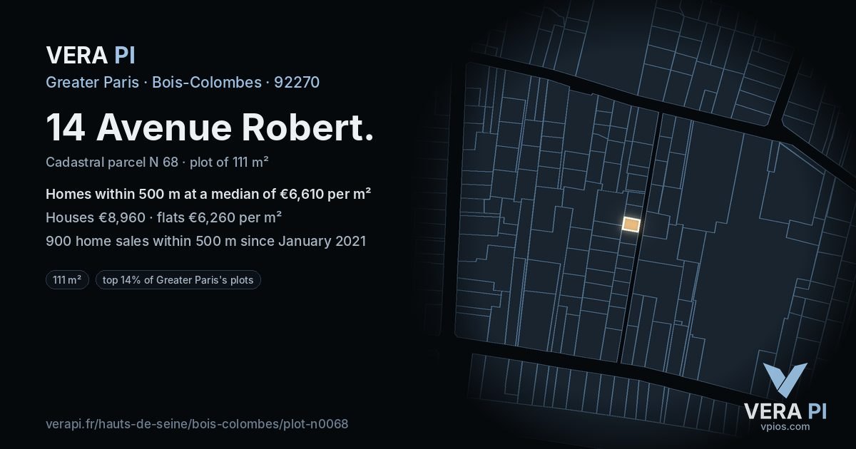 14 Avenue Robert, Bois-Colombes at night – the plot lit, the parcels around coloured by the prices near them