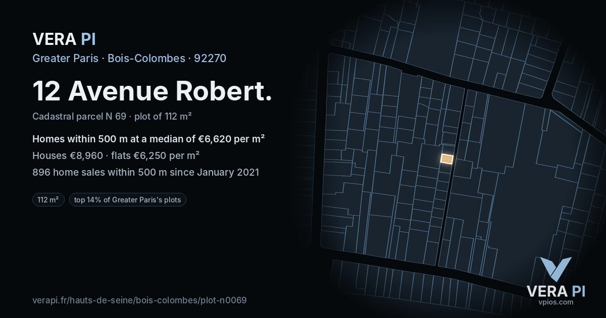 12 Avenue Robert, Bois-Colombes at night – the plot lit, the parcels around coloured by the prices near them