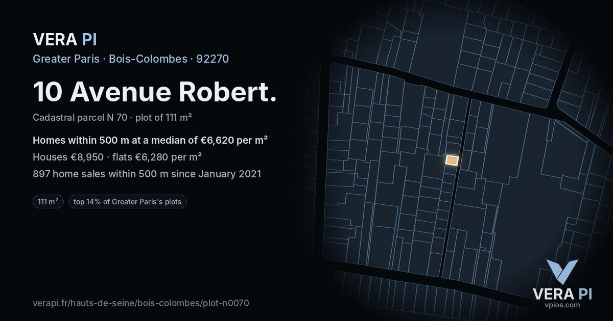 10 Avenue Robert, Bois-Colombes at night – the plot lit, the parcels around coloured by the prices near them
