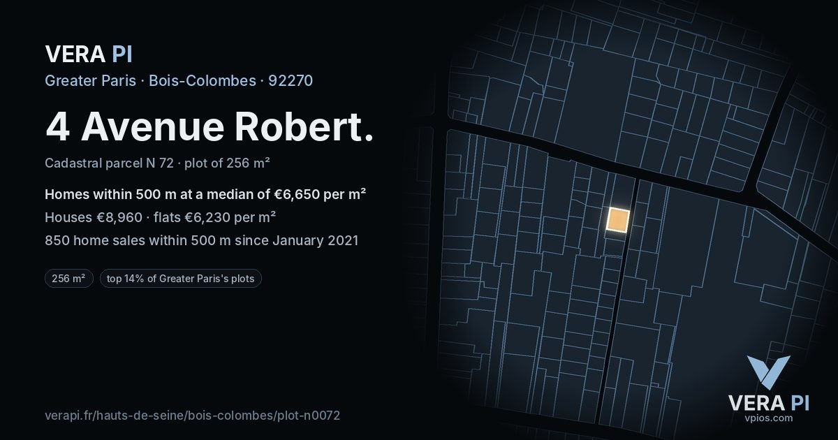 4 Avenue Robert, Bois-Colombes at night – the plot lit, the parcels around coloured by the prices near them