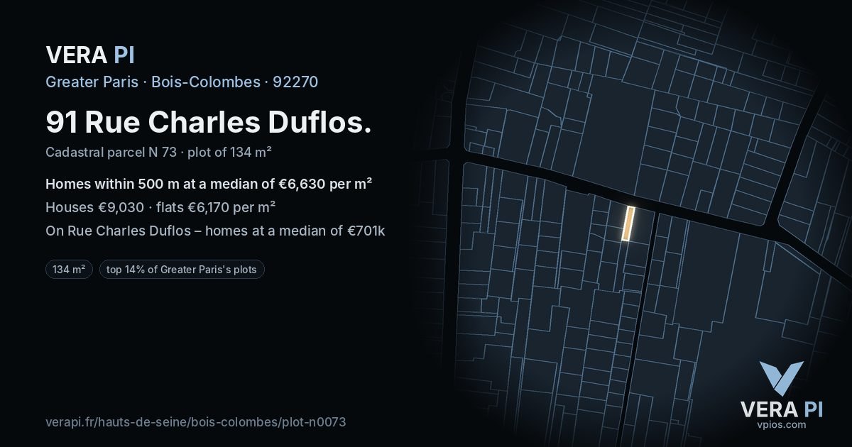 91 Rue Charles Duflos, Bois-Colombes at night – the plot lit, the parcels around coloured by the prices near them
