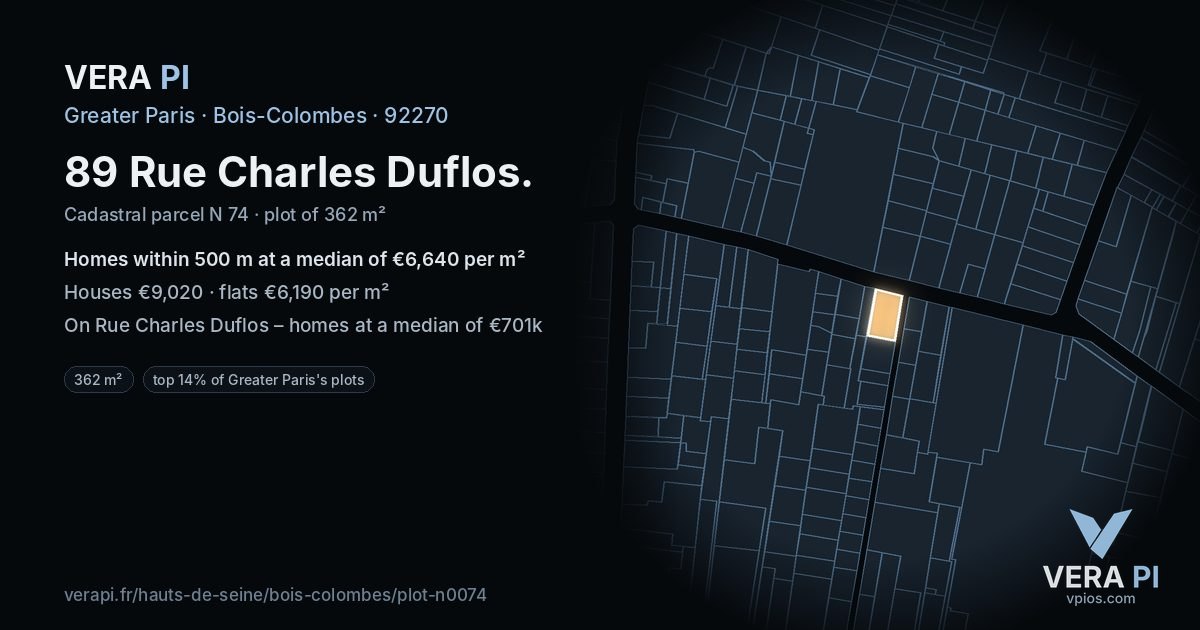 89 Rue Charles Duflos, Bois-Colombes at night – the plot lit, the parcels around coloured by the prices near them