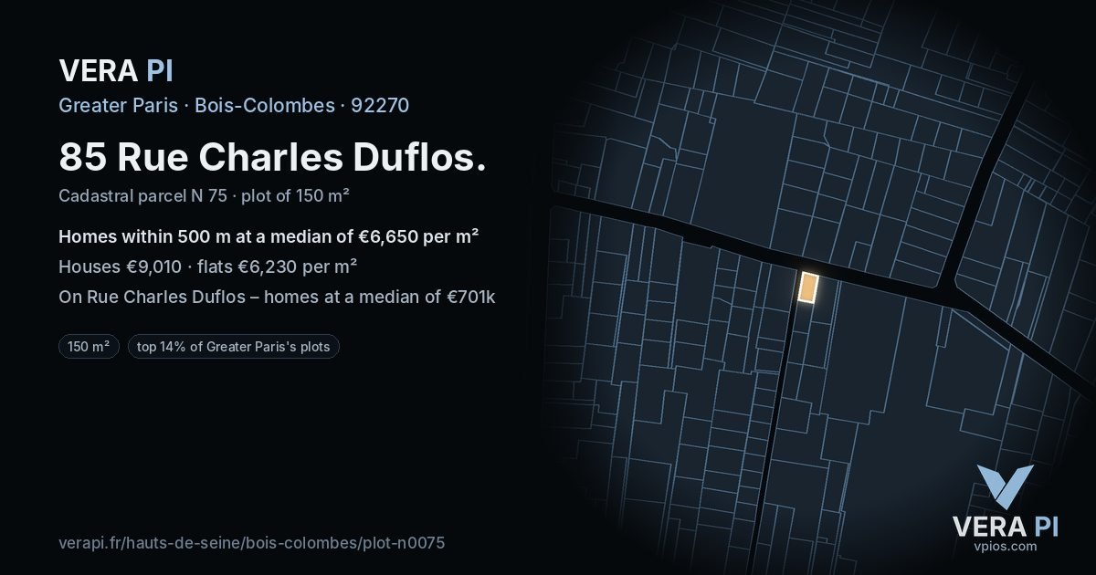 85 Rue Charles Duflos, Bois-Colombes at night – the plot lit, the parcels around coloured by the prices near them