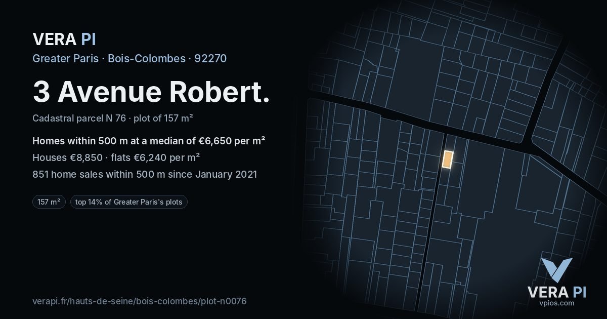 3 Avenue Robert, Bois-Colombes at night – the plot lit, the parcels around coloured by the prices near them