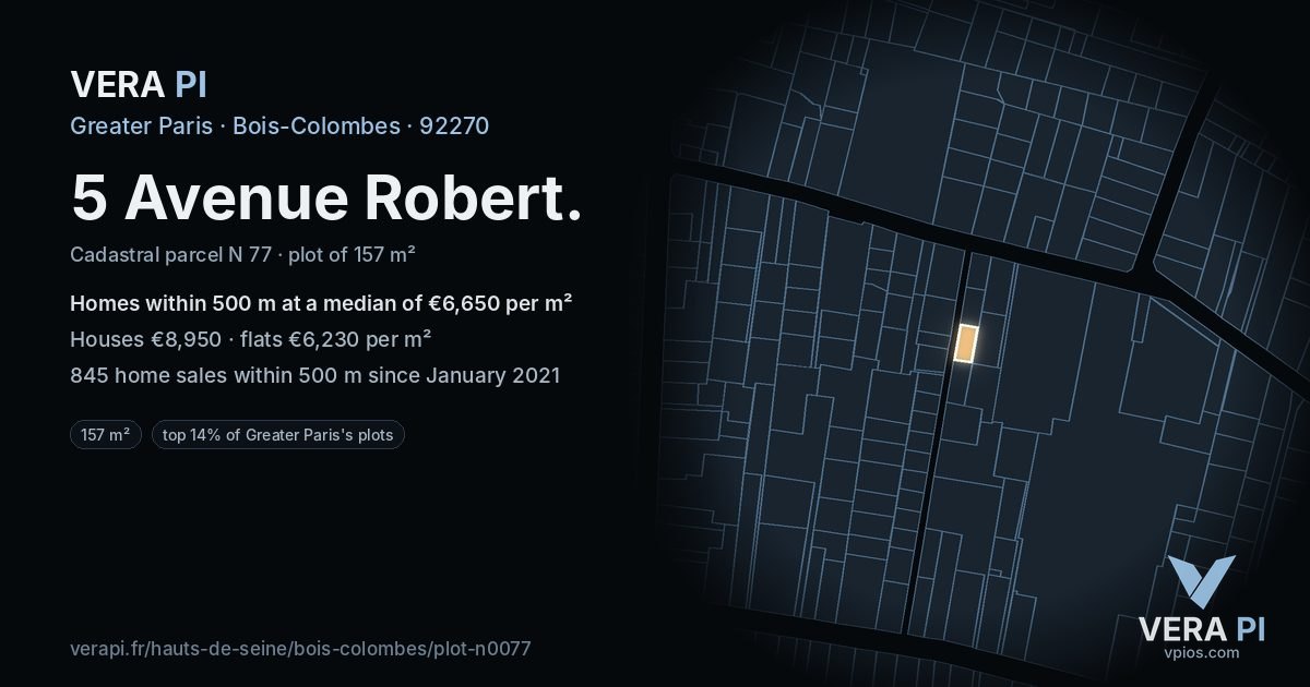 5 Avenue Robert, Bois-Colombes at night – the plot lit, the parcels around coloured by the prices near them
