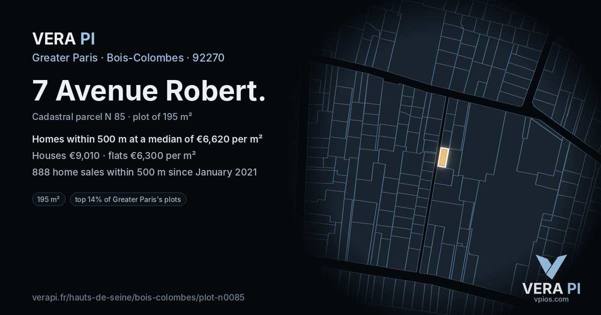 7 Avenue Robert, Bois-Colombes at night – the plot lit, the parcels around coloured by the prices near them