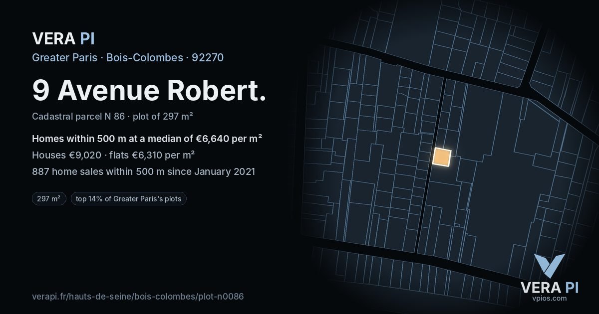 9 Avenue Robert, Bois-Colombes at night – the plot lit, the parcels around coloured by the prices near them