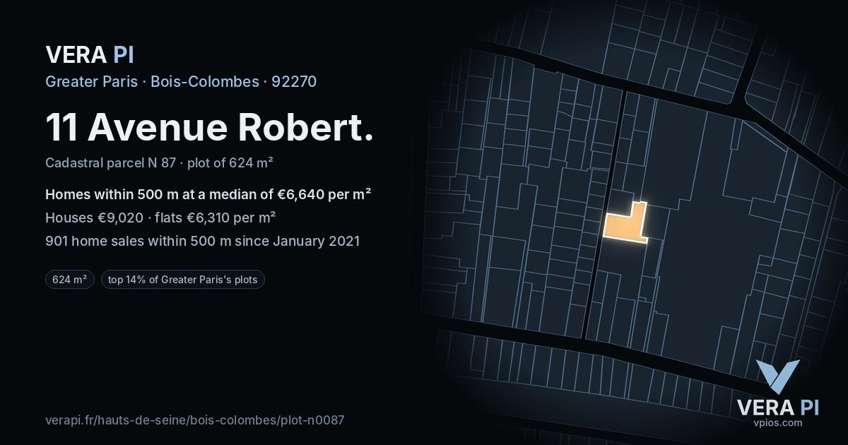 11 Avenue Robert, Bois-Colombes at night – the plot lit, the parcels around coloured by the prices near them