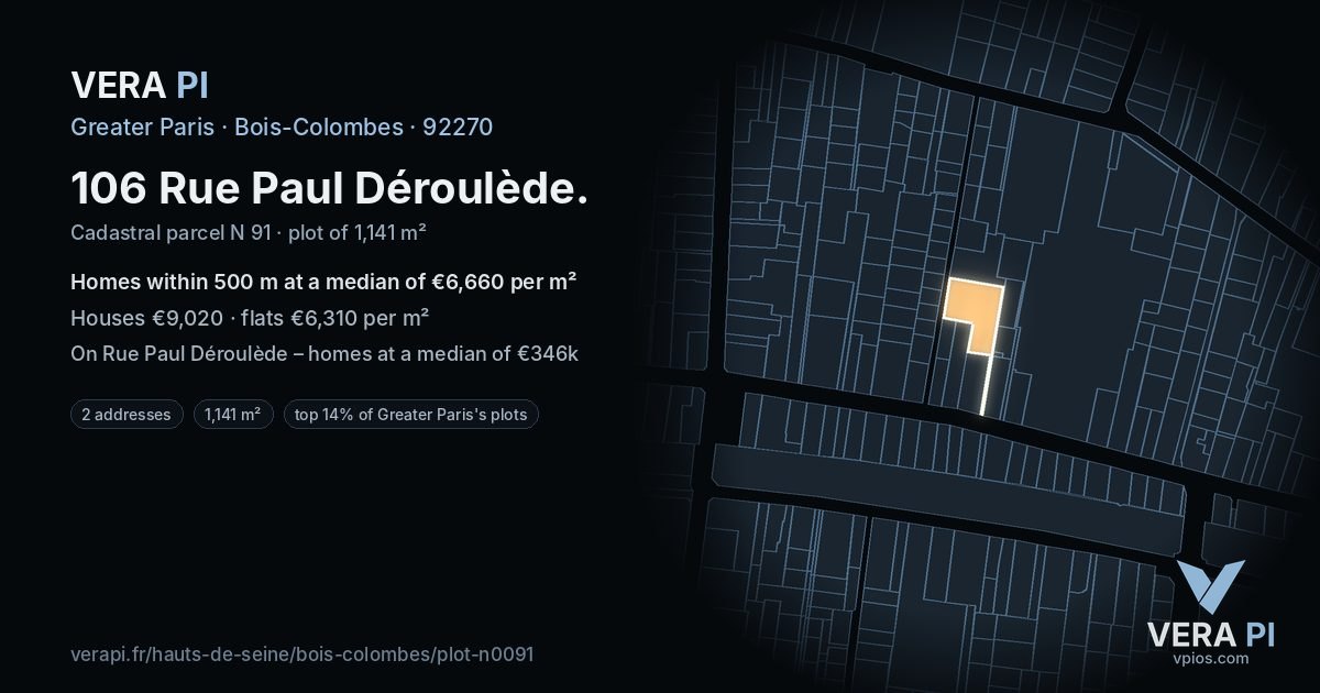106 Rue Paul Déroulède, Bois-Colombes at night – the plot lit, the parcels around coloured by the prices near them