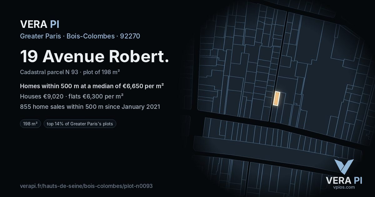 19 Avenue Robert, Bois-Colombes at night – the plot lit, the parcels around coloured by the prices near them