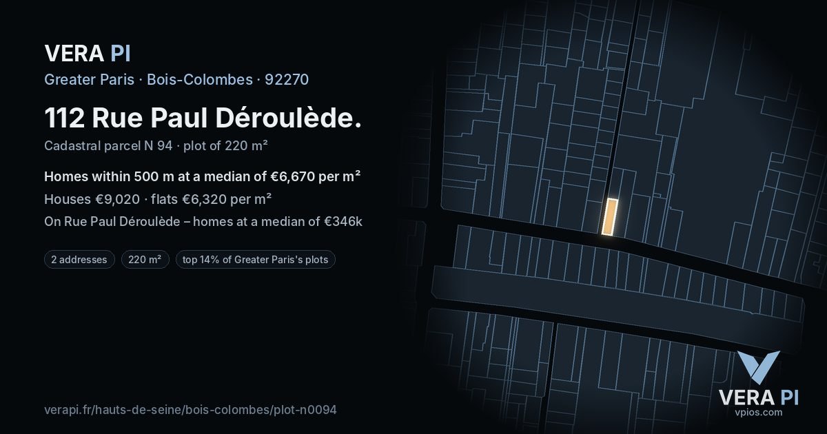 112 Rue Paul Déroulède, Bois-Colombes at night – the plot lit, the parcels around coloured by the prices near them