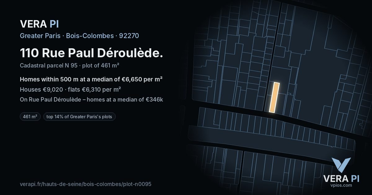 110 Rue Paul Déroulède, Bois-Colombes at night – the plot lit, the parcels around coloured by the prices near them