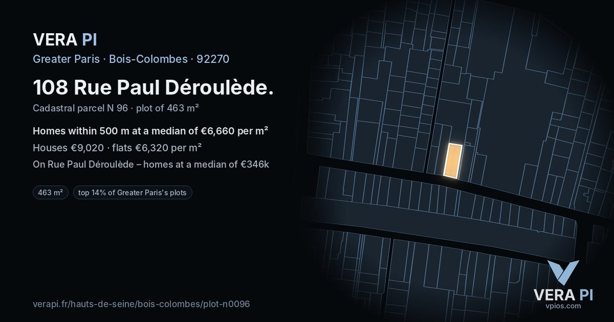 108 Rue Paul Déroulède, Bois-Colombes at night – the plot lit, the parcels around coloured by the prices near them