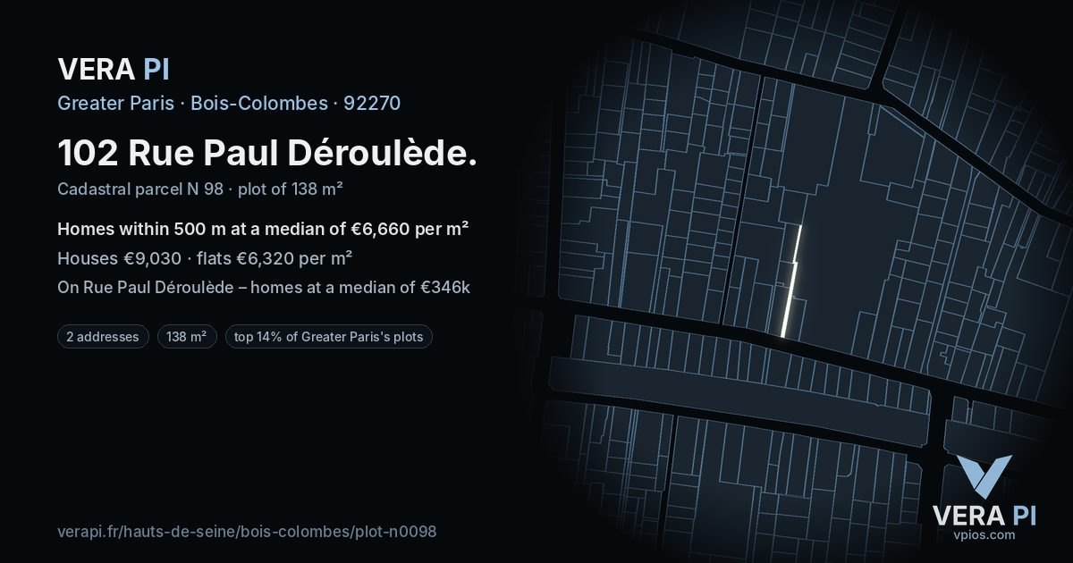 102 Rue Paul Déroulède, Bois-Colombes at night – the plot lit, the parcels around coloured by the prices near them