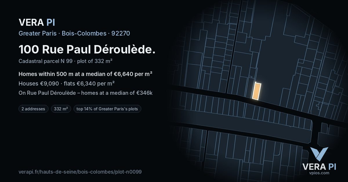 100 Rue Paul Déroulède, Bois-Colombes at night – the plot lit, the parcels around coloured by the prices near them