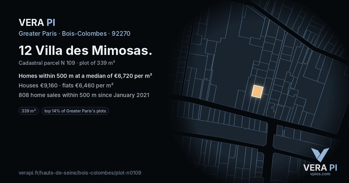 12 Villa des Mimosas, Bois-Colombes at night – the plot lit, the parcels around coloured by the prices near them
