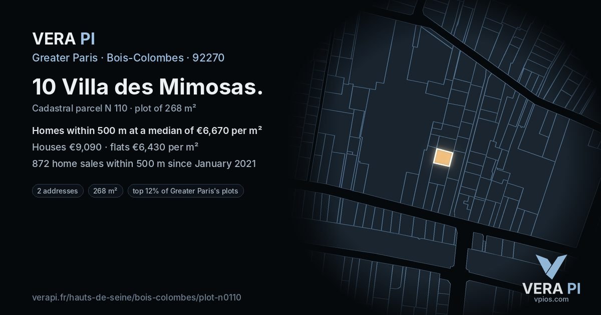10 Villa des Mimosas, Bois-Colombes at night – the plot lit, the parcels around coloured by the prices near them