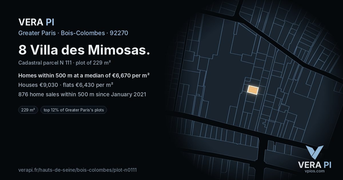 8 Villa des Mimosas, Bois-Colombes at night – the plot lit, the parcels around coloured by the prices near them