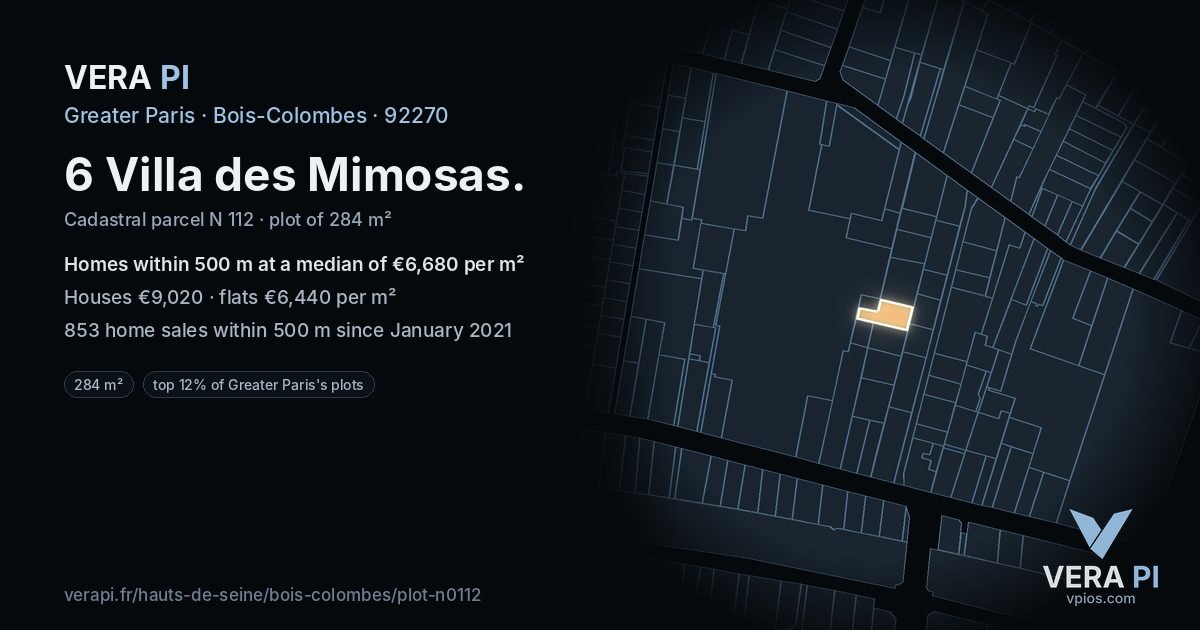 6 Villa des Mimosas, Bois-Colombes at night – the plot lit, the parcels around coloured by the prices near them