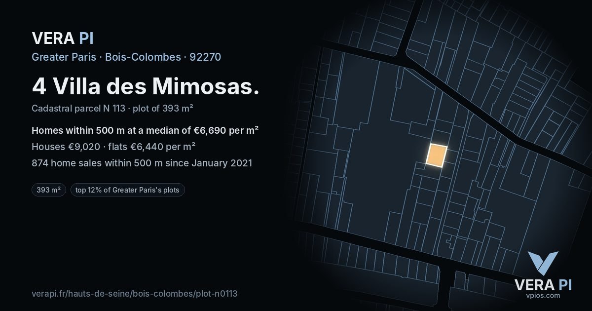 4 Villa des Mimosas, Bois-Colombes at night – the plot lit, the parcels around coloured by the prices near them