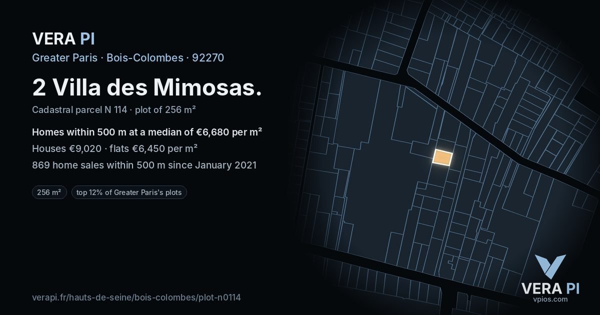 2 Villa des Mimosas, Bois-Colombes at night – the plot lit, the parcels around coloured by the prices near them
