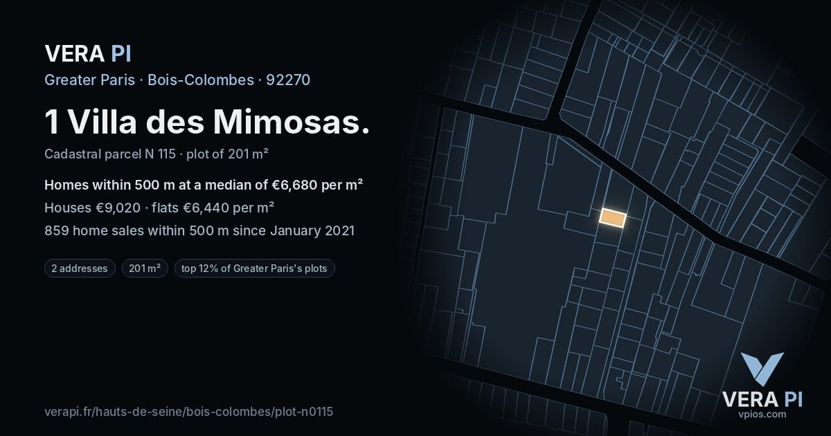 1 Villa des Mimosas, Bois-Colombes at night – the plot lit, the parcels around coloured by the prices near them