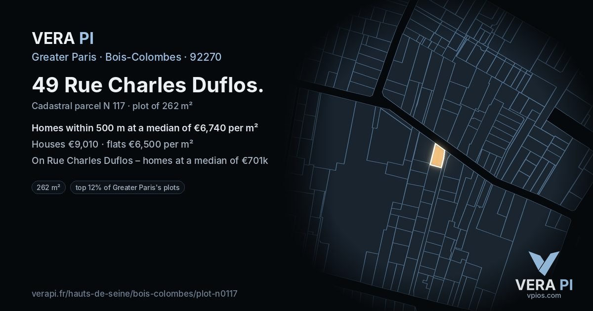 49 Rue Charles Duflos, Bois-Colombes at night – the plot lit, the parcels around coloured by the prices near them