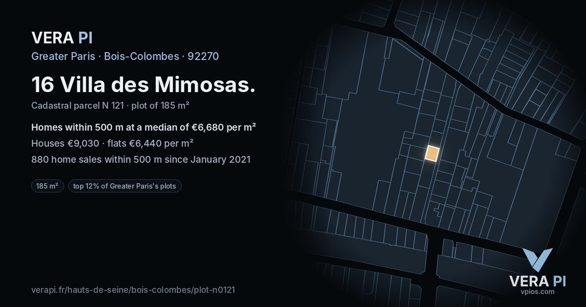 16 Villa des Mimosas, Bois-Colombes at night – the plot lit, the parcels around coloured by the prices near them