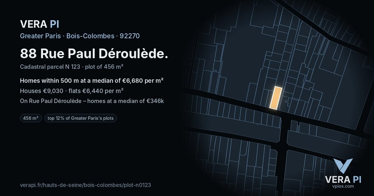 88 Rue Paul Déroulède, Bois-Colombes at night – the plot lit, the parcels around coloured by the prices near them