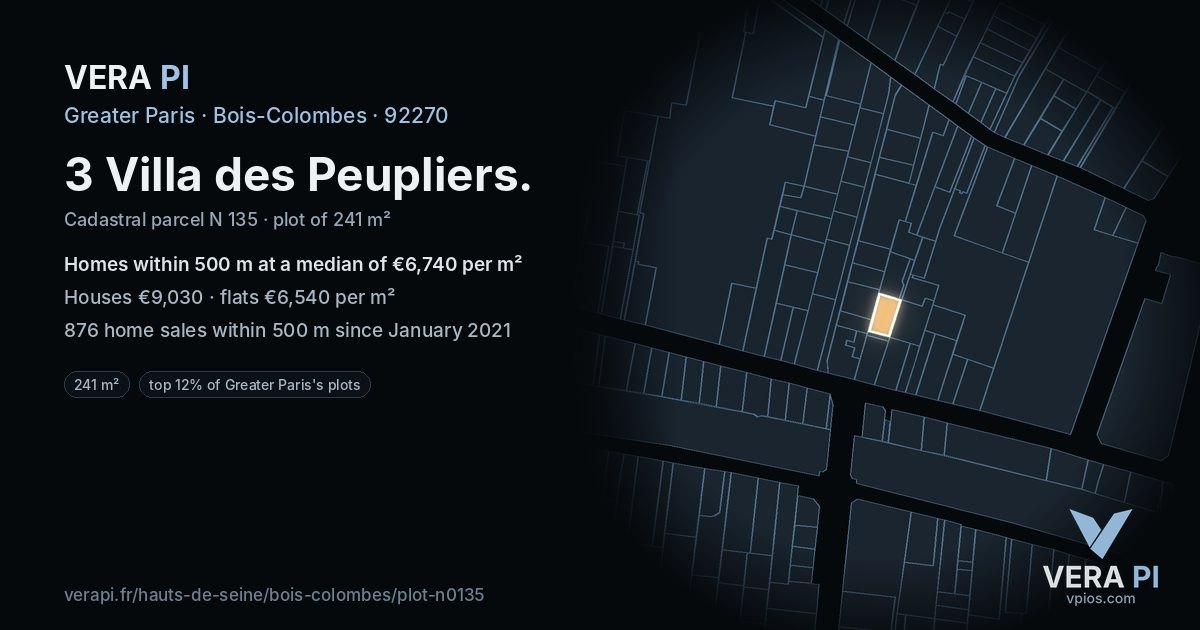 3 Villa des Peupliers, Bois-Colombes at night – the plot lit, the parcels around coloured by the prices near them