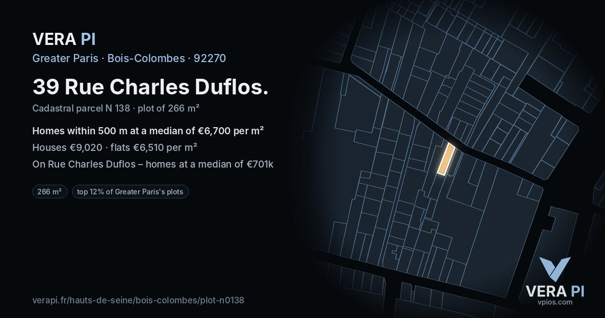 39 Rue Charles Duflos, Bois-Colombes at night – the plot lit, the parcels around coloured by the prices near them