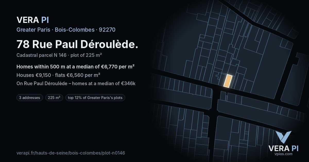 78 Rue Paul Déroulède, Bois-Colombes at night – the plot lit, the parcels around coloured by the prices near them