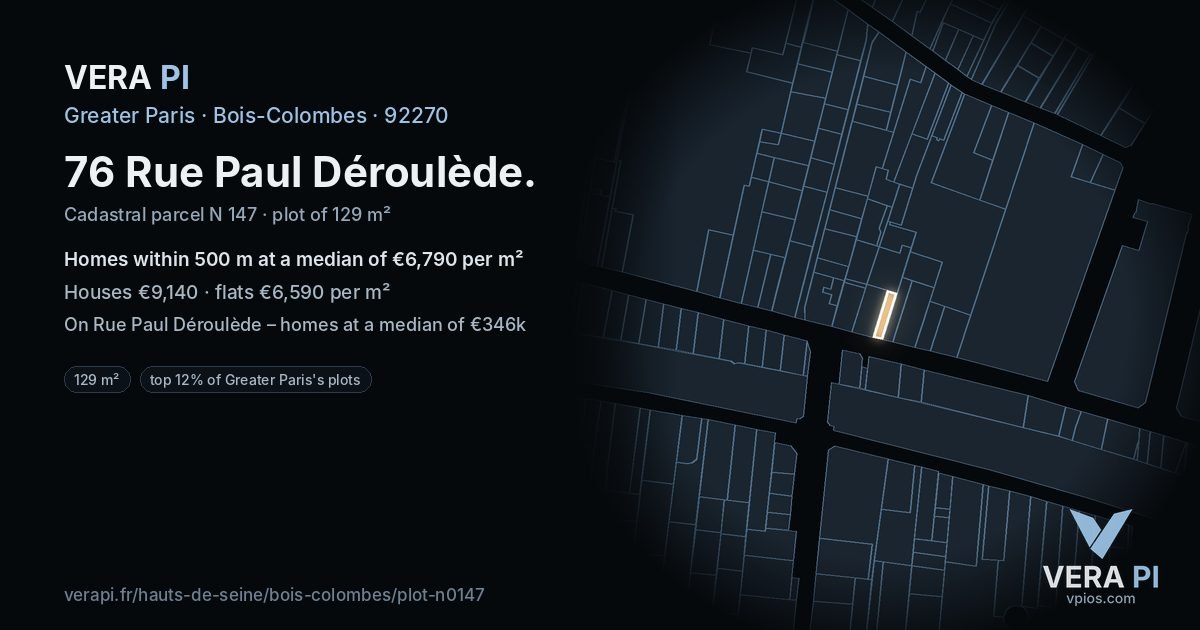 76 Rue Paul Déroulède, Bois-Colombes at night – the plot lit, the parcels around coloured by the prices near them