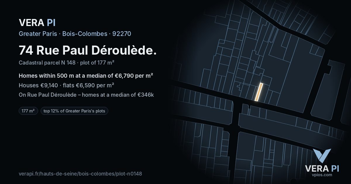 74 Rue Paul Déroulède, Bois-Colombes at night – the plot lit, the parcels around coloured by the prices near them