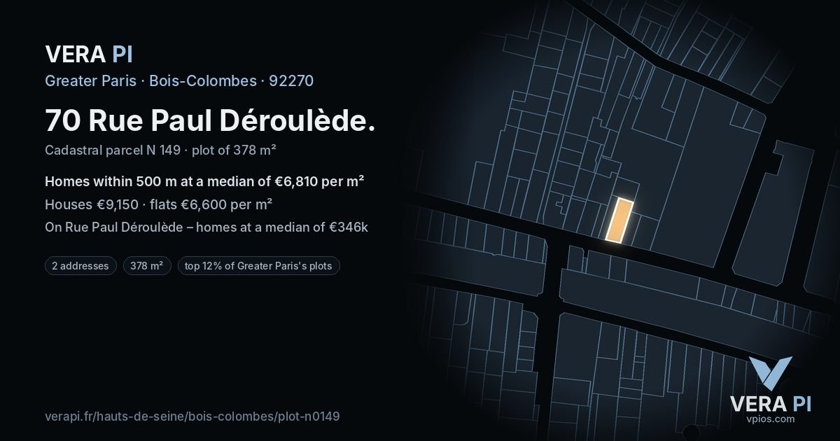 70 Rue Paul Déroulède, Bois-Colombes at night – the plot lit, the parcels around coloured by the prices near them