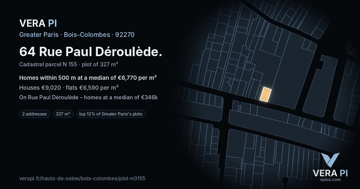 64 Rue Paul Déroulède, Bois-Colombes at night – the plot lit, the parcels around coloured by the prices near them