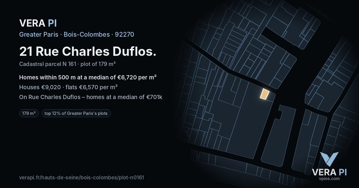 21 Rue Charles Duflos, Bois-Colombes at night – the plot lit, the parcels around coloured by the prices near them