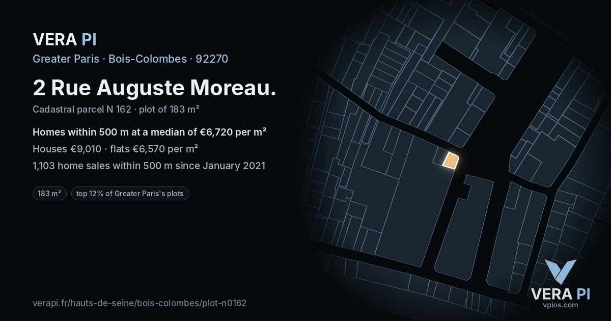 2 Rue Auguste Moreau, Bois-Colombes at night – the plot lit, the parcels around coloured by the prices near them