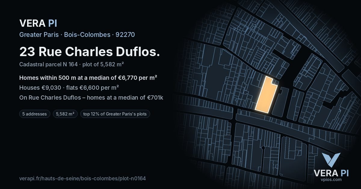 23 Rue Charles Duflos, Bois-Colombes at night – the plot lit, the parcels around coloured by the prices near them