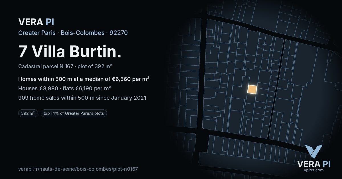 7 Villa Burtin, Bois-Colombes at night – the plot lit, the parcels around coloured by the prices near them