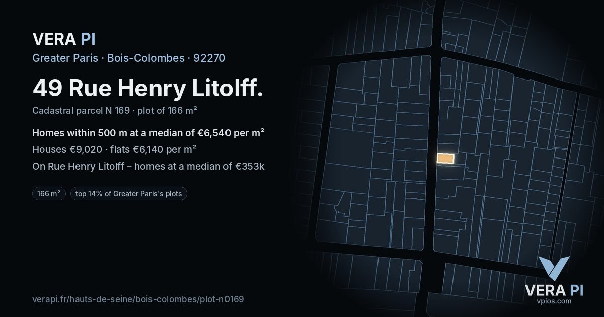49 Rue Henry Litolff, Bois-Colombes at night – the plot lit, the parcels around coloured by the prices near them