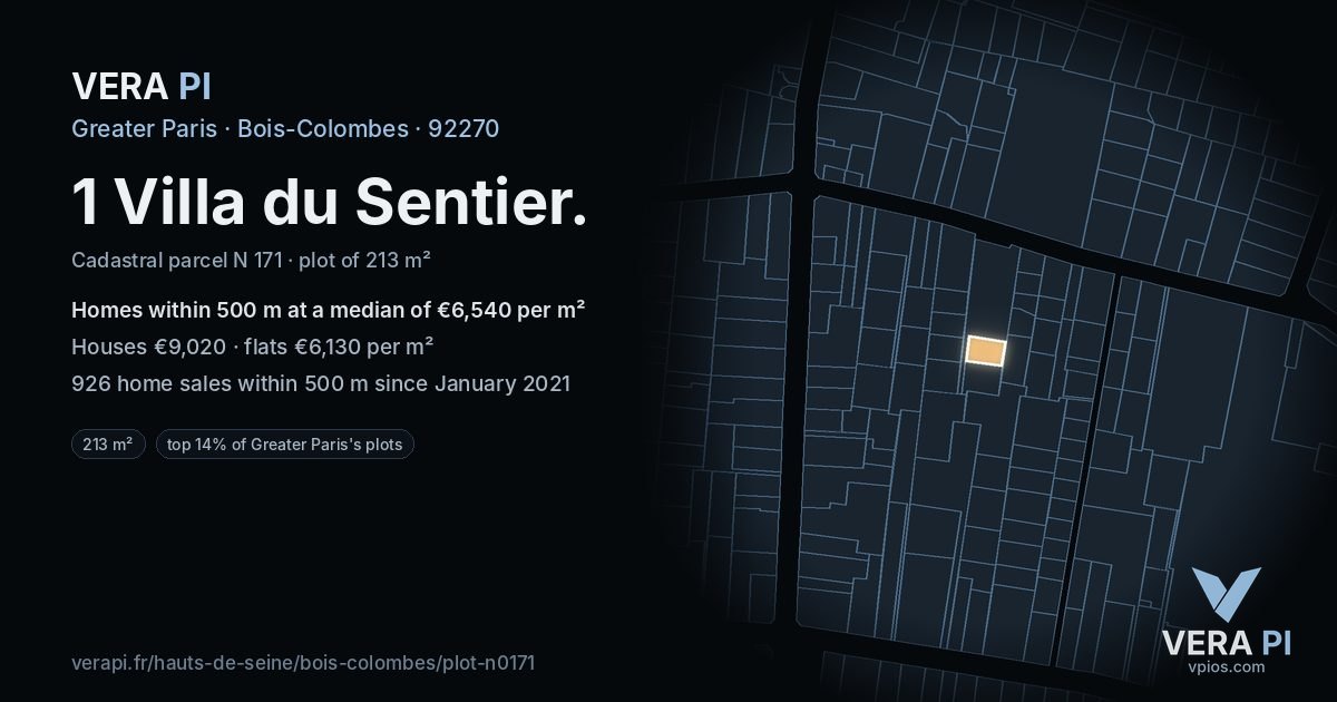 1 Villa du Sentier, Bois-Colombes at night – the plot lit, the parcels around coloured by the prices near them