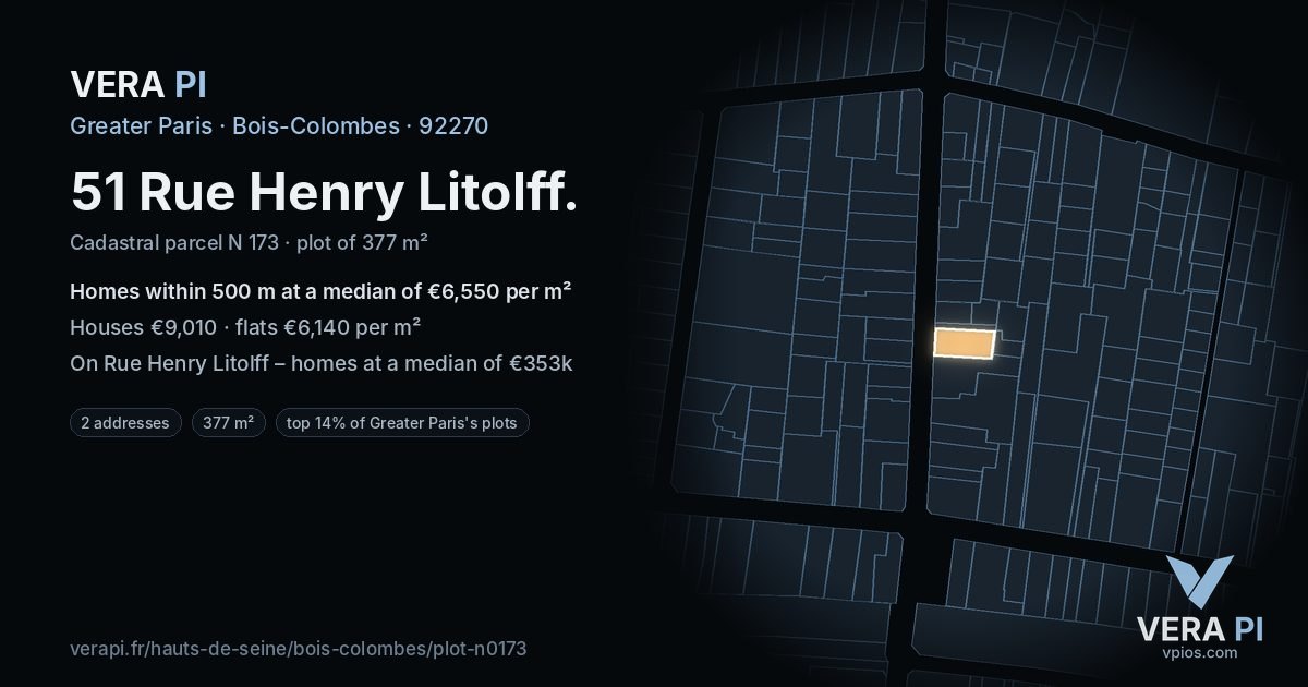 51 Rue Henry Litolff, Bois-Colombes at night – the plot lit, the parcels around coloured by the prices near them