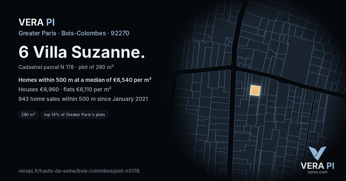 6 Villa Suzanne, Bois-Colombes at night – the plot lit, the parcels around coloured by the prices near them
