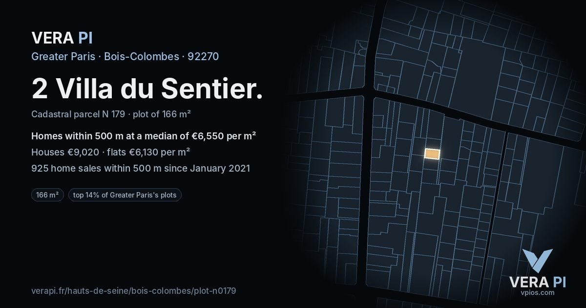 2 Villa du Sentier, Bois-Colombes at night – the plot lit, the parcels around coloured by the prices near them